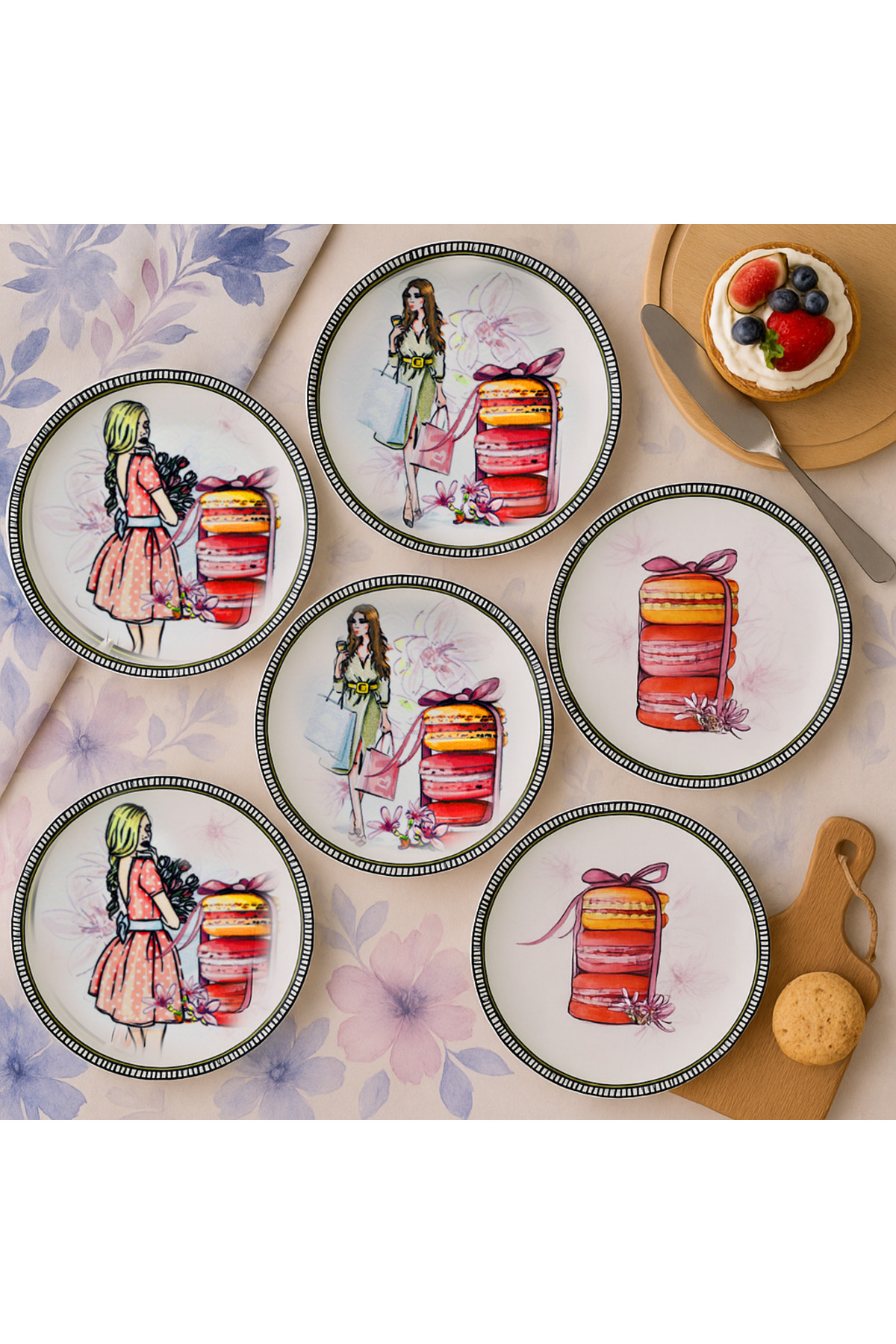 Colorful 6-Piece Cake or Dessert Plate Set with Macaron & Fashion Figure (20 CM) Dessert, Cake or Serving Plate