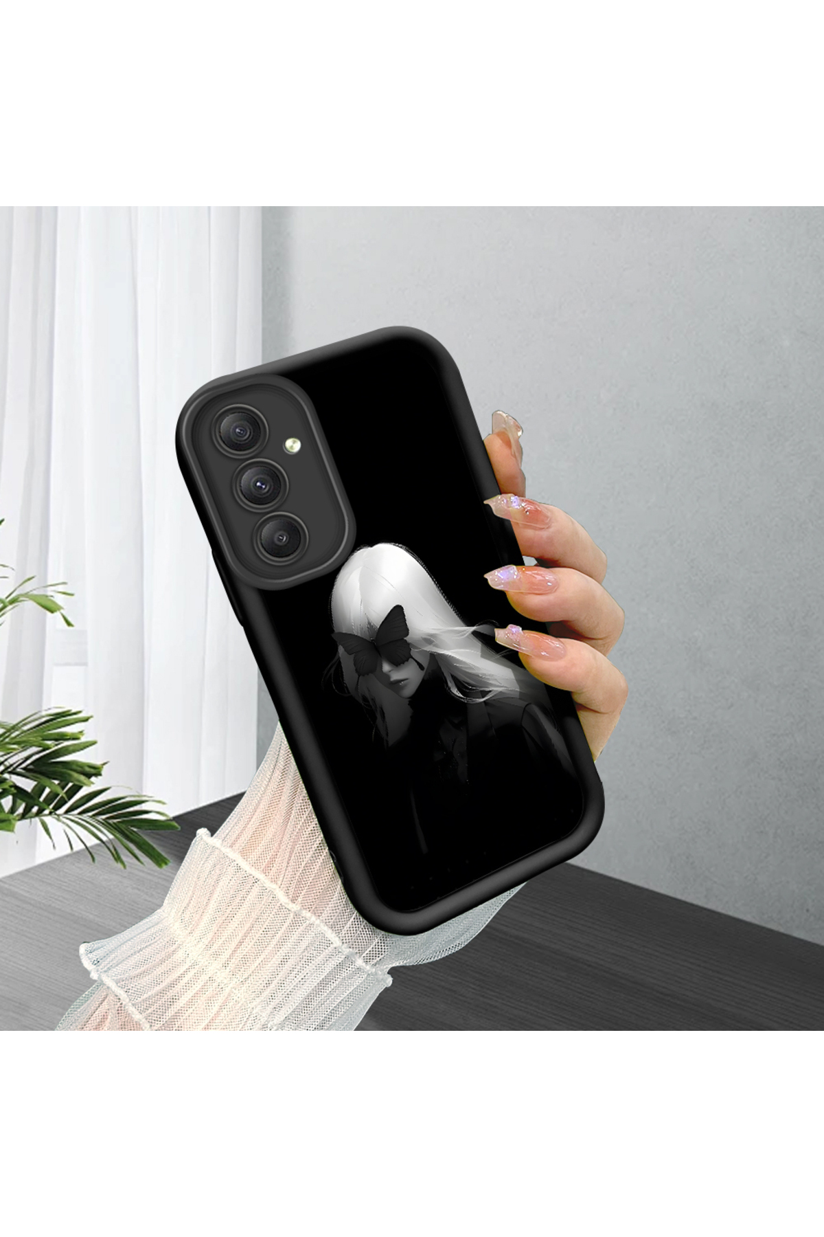 Samsung Galaxy A34 5G Compatible Black Silicone Anime Style Patterned Lens Protection Phone Case
