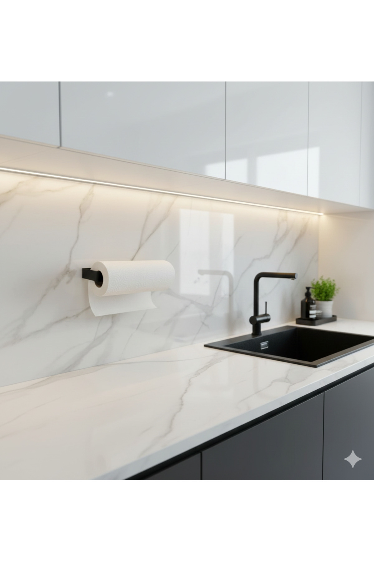 LUNOART Mat Siyah Yapışkanlı Metal Havlu Kağıt Askılığı | Delmeden Montaj – Minimal Mutfak Kağıtlık