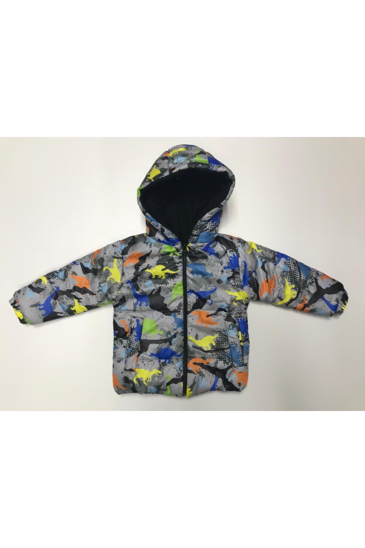 Baby Slon Kids Clup Kışlık fermuar kapüşonlu içi polar astarlı dinazor desenli su rüzgar geçirmez erkek bebek çocuk mont fotoğrafı 4 (önizleme)