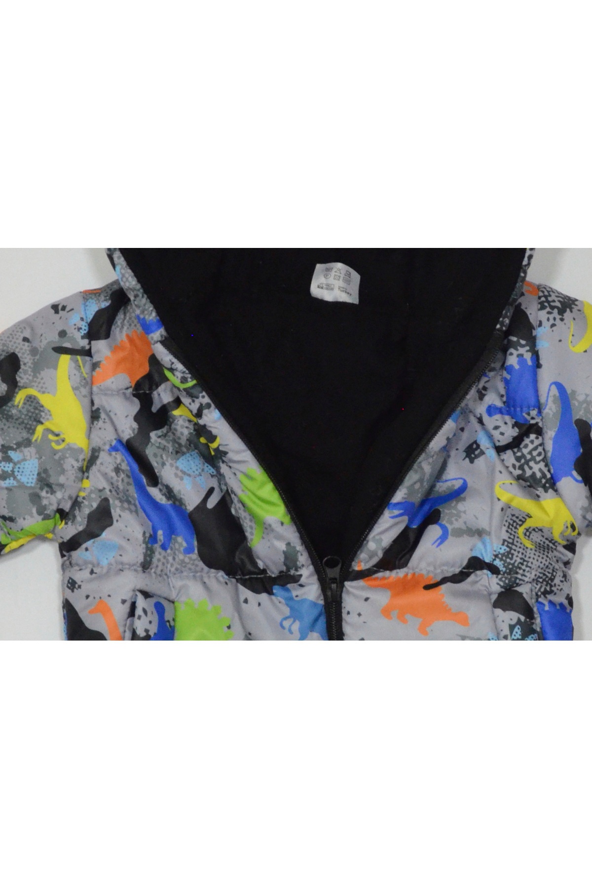 Baby Slon Kids Clup Kışlık fermuar kapüşonlu içi polar astarlı dinazor desenli su rüzgar geçirmez erkek bebek çocuk mont fotoğrafı 5 (önizleme)