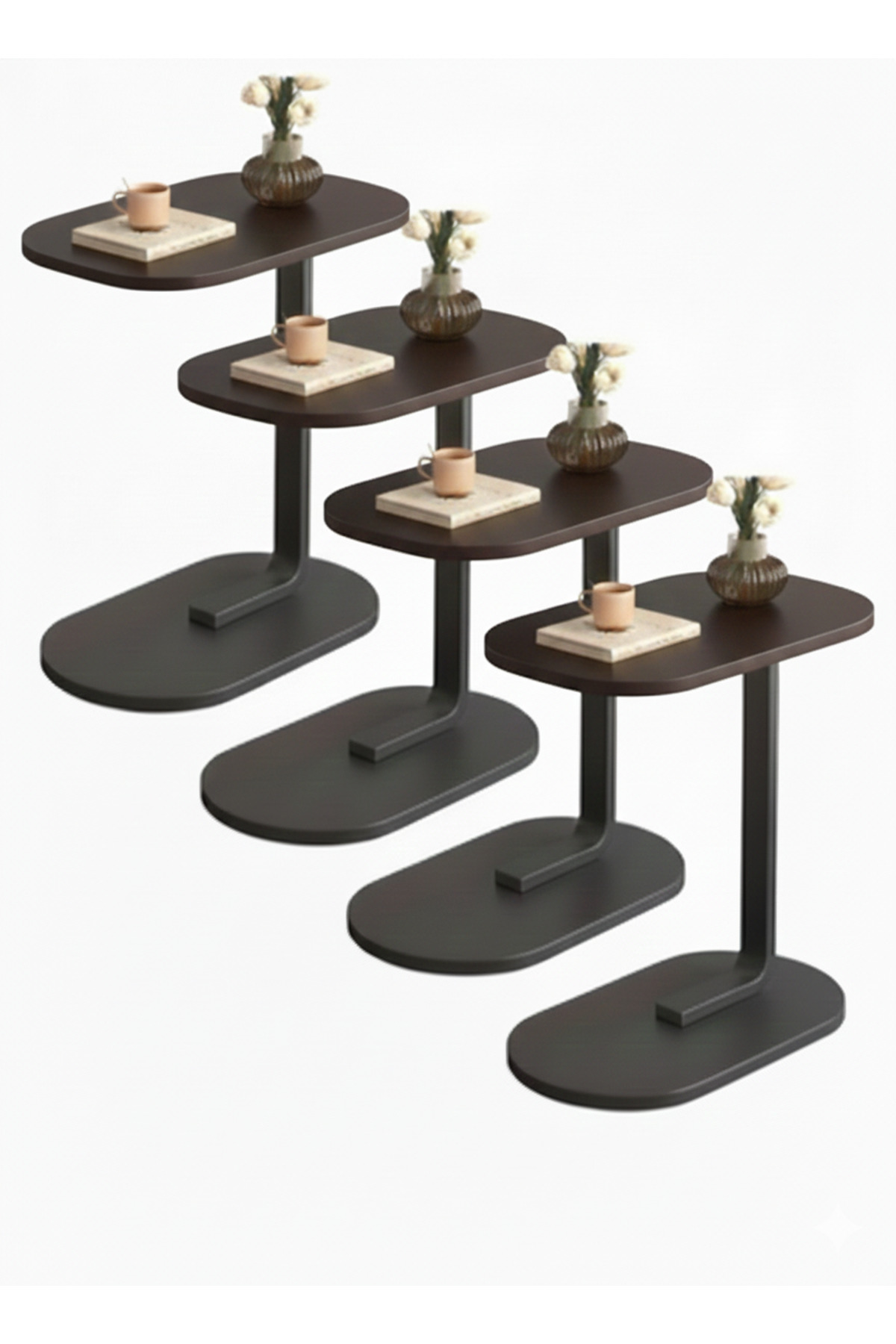 طقم من 4 طاولات قهوة عصرية بسطح خشبي وإطار معدني أ...