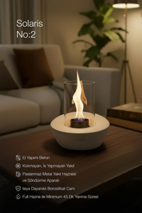 lumi atelier Lumi Solaris No:2– Masaüstü Bacasız Beton Şömine (Camlı) + 1 L B...