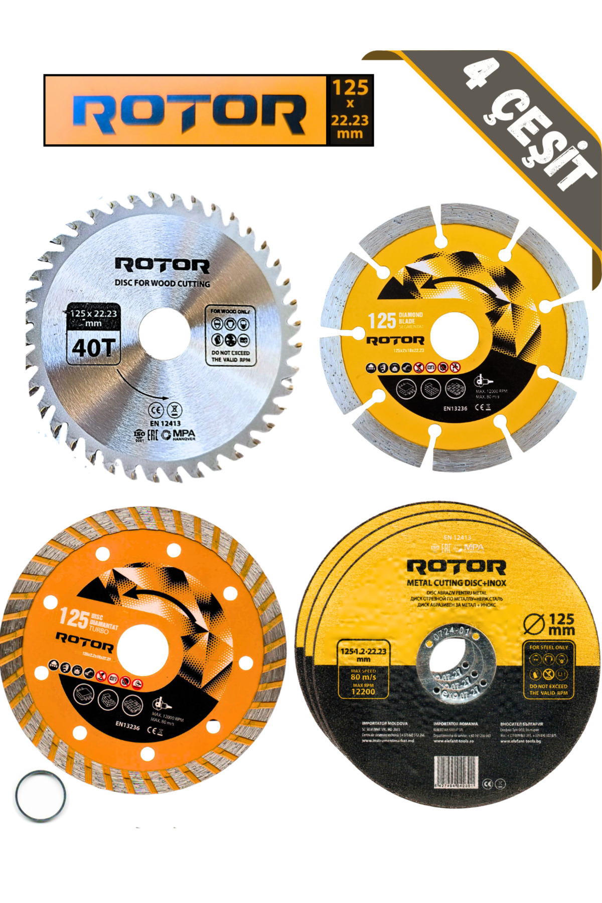 Rotor 6'li Disk seti 125x22,23 Metal+Seramik+Ahşap Set 6 parça