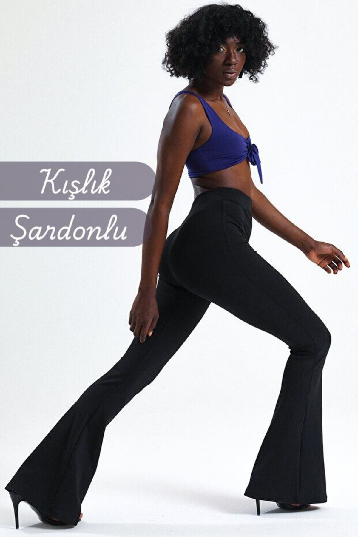 VOSSAX  Kadın Kışlık Şardonlu Siyah İspanyol Paça Dalgıç Kumaş Yüksek Bel Toparlayıcı Tayt Pantolon