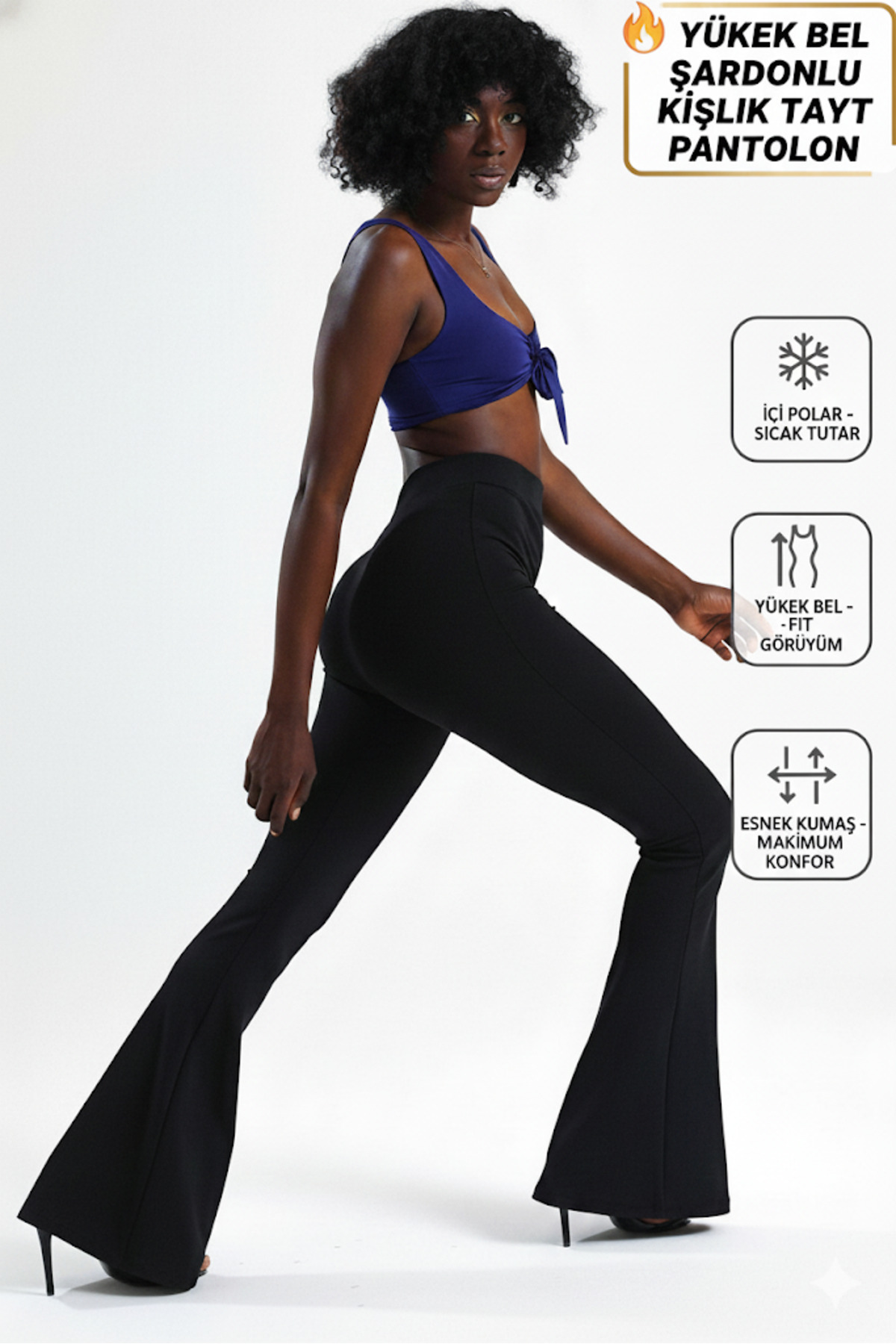 VOSSAX  Kadın Kışlık Şardonlu Siyah İspanyol Paça Dalgıç Kumaş Yüksek Bel Toparlayıcı Tayt Pantolon - Görsel 7