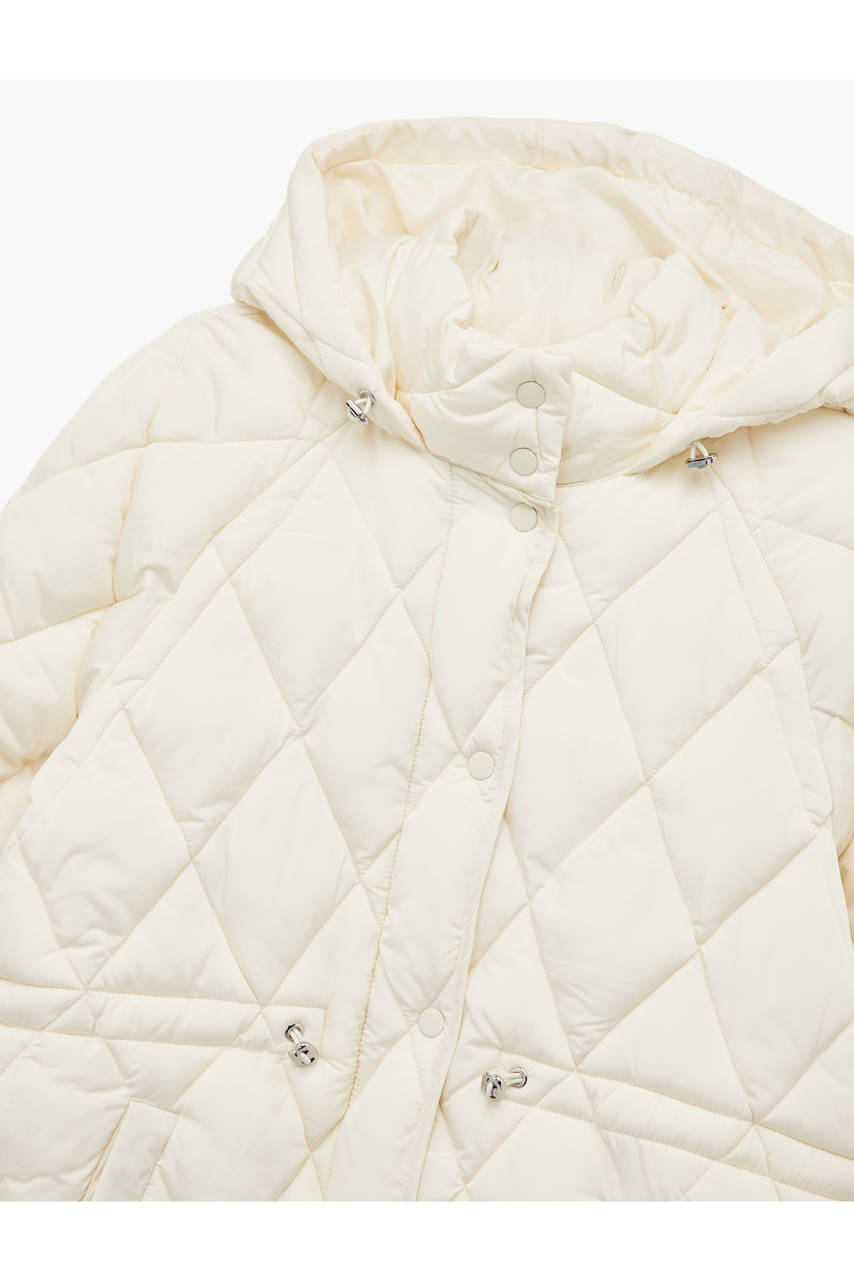 Koton  Beli Bağcıklı Uzun Kollu Cepli Su İtici Kapüşonlu Ekru Kapitone Şişme Mont - Görsel 5