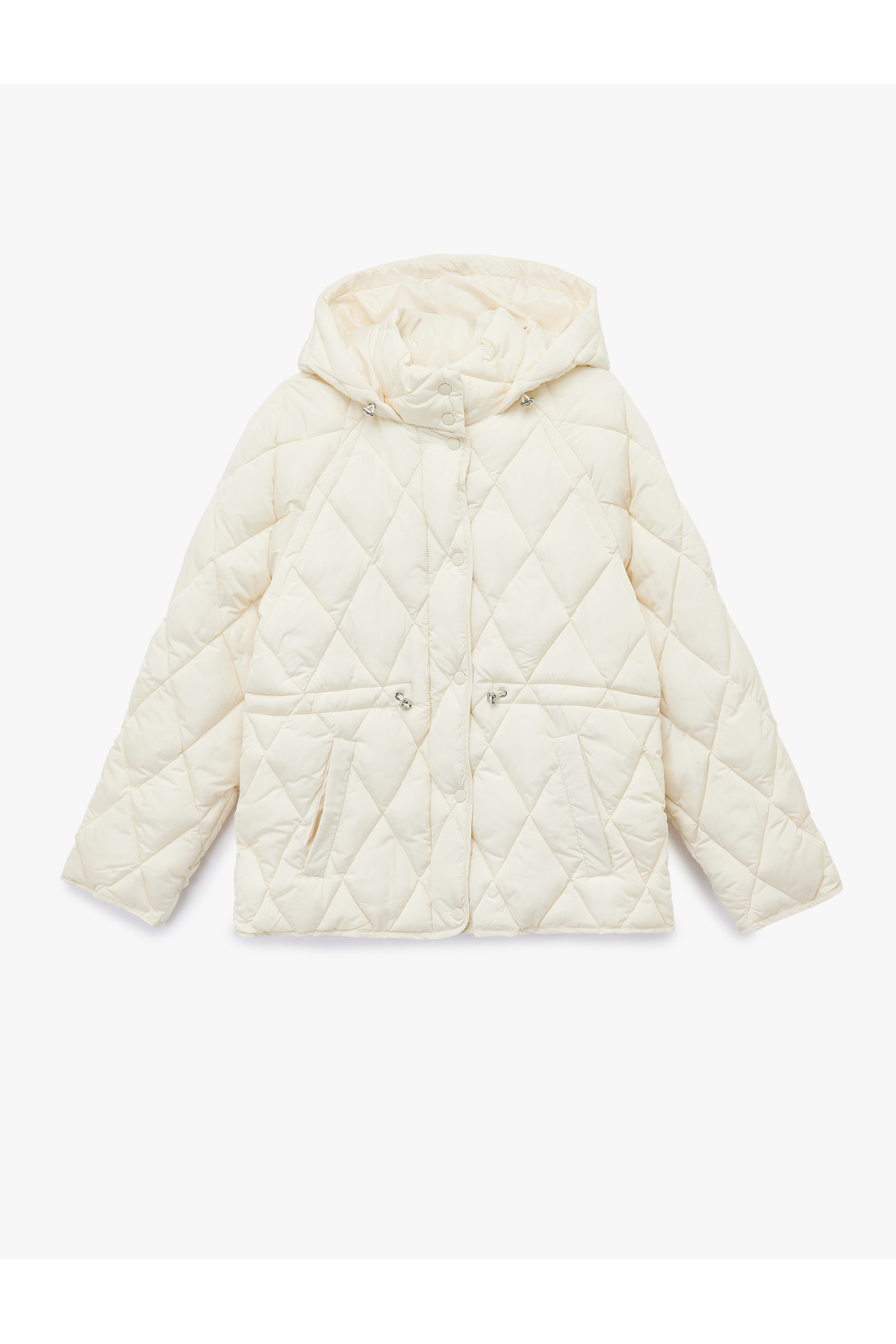 Koton  Beli Bağcıklı Uzun Kollu Cepli Su İtici Kapüşonlu Ekru Kapitone Şişme Mont - Görsel 3