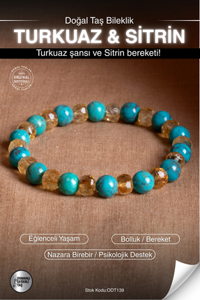 OSMANLI DEĞERLİ TAŞ Sertifikalı TURKUAZ & SİTRİN Doğal Taş Bileklik ODT139