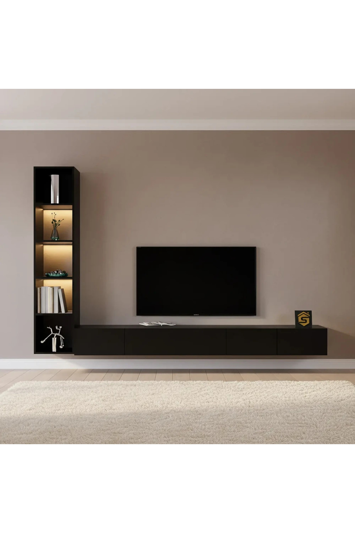 طاولة تلفزيون معلقة باللون الاسود مع أرفف جانبية م...