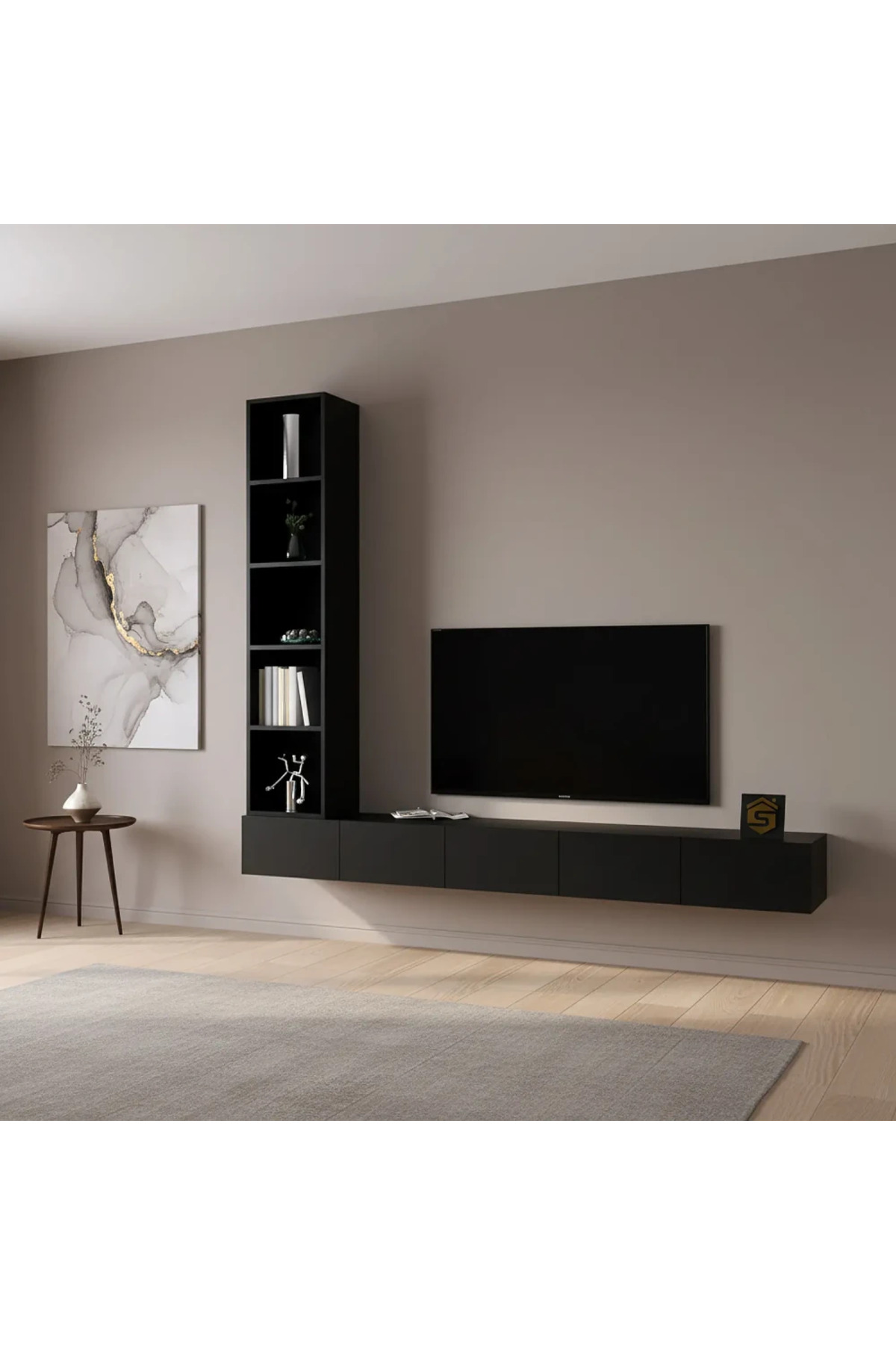 طاولة تلفزيون معلقة باللون الاسود مع أرفف جانبية م...