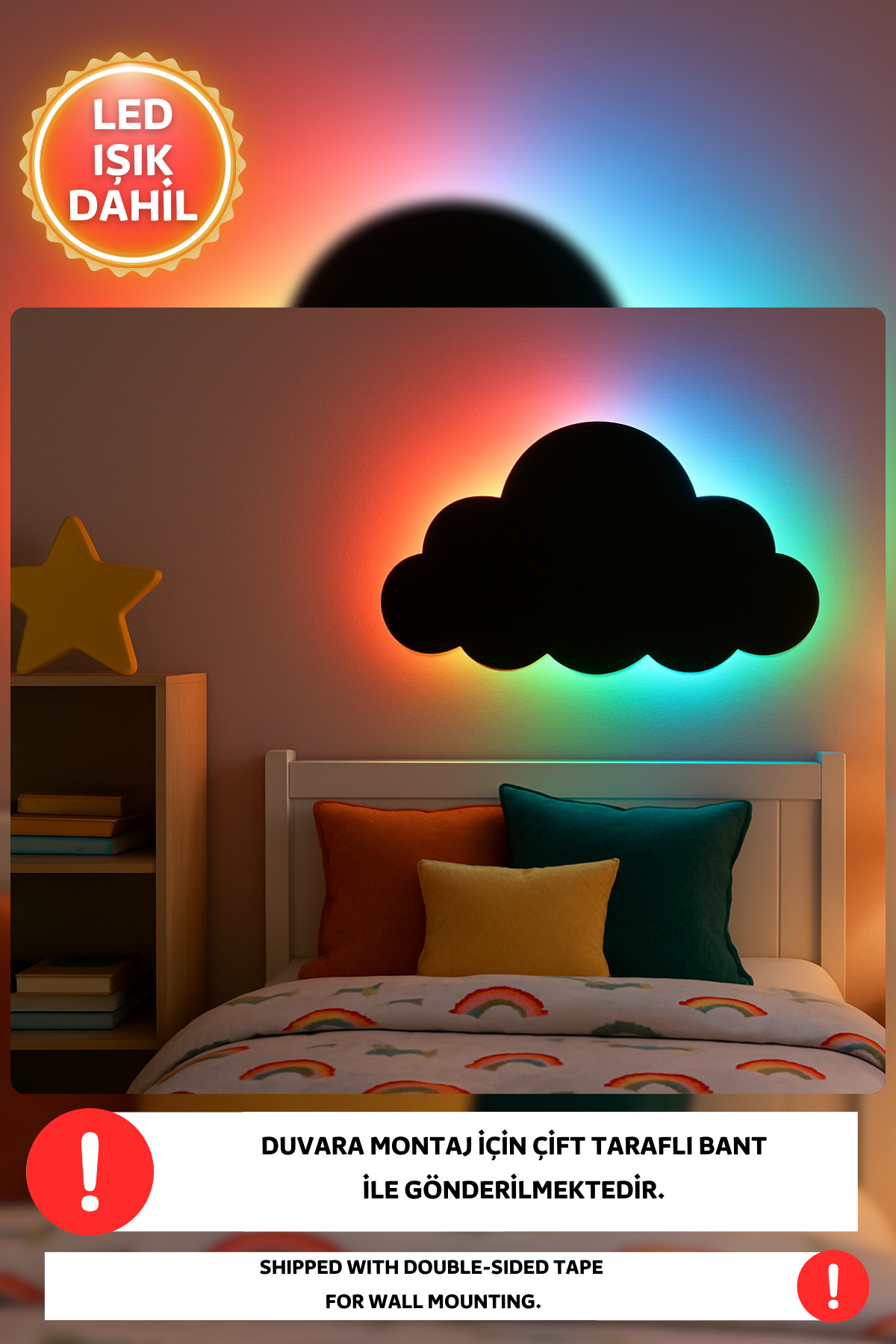 Dekorvin 1 Adet Bulut RGB Gece Işıklı Ay Lambası Bebek Çocuk Odası Duvar Dekorasyonu Aydınlatma Ahşap Lamba fotoğrafı 2 (önizleme)