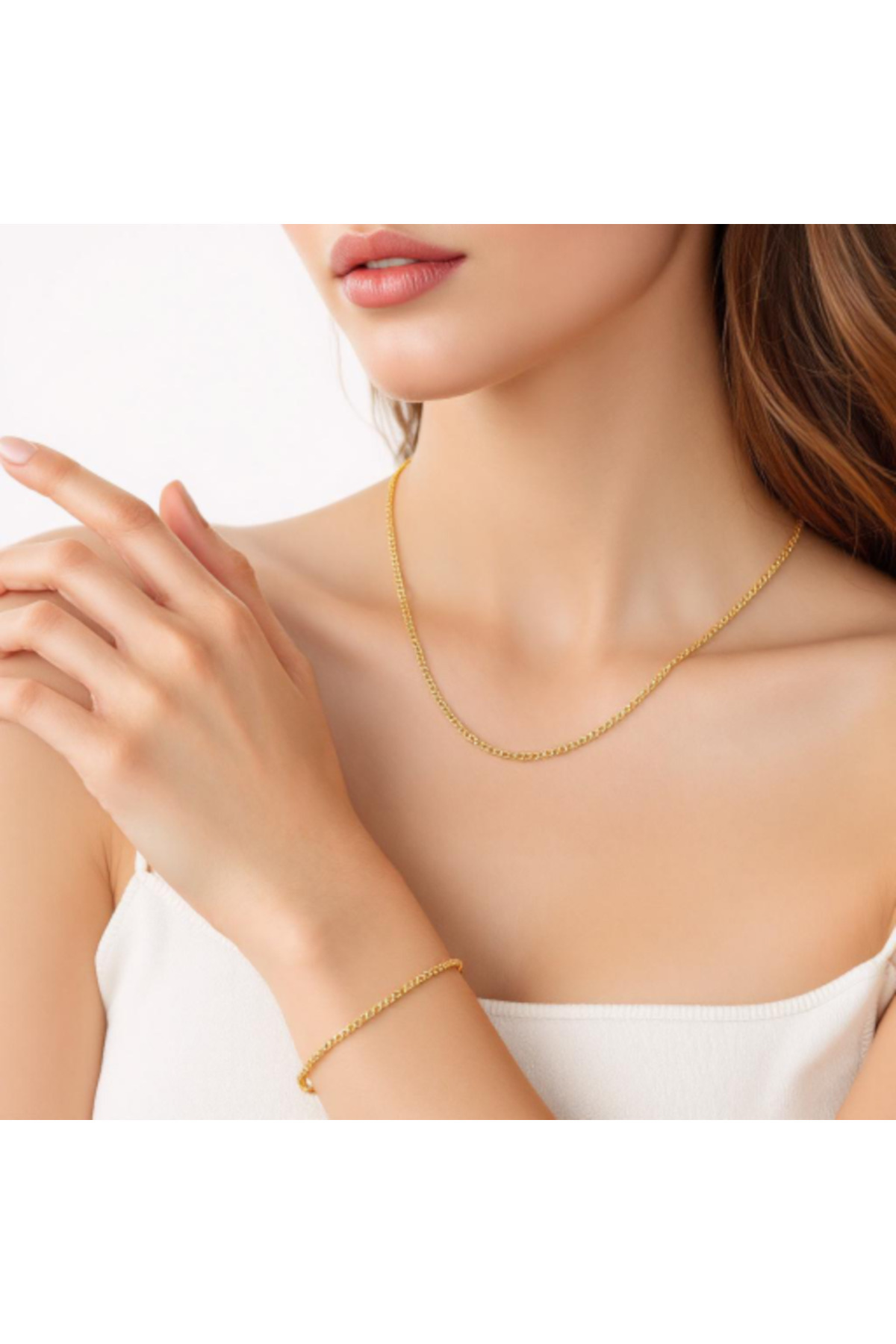 RÜZGARBİJÜTERİ Altın Renk İnce Zincir Kolye ve Bileklik Seti – Minimal Zarif Model