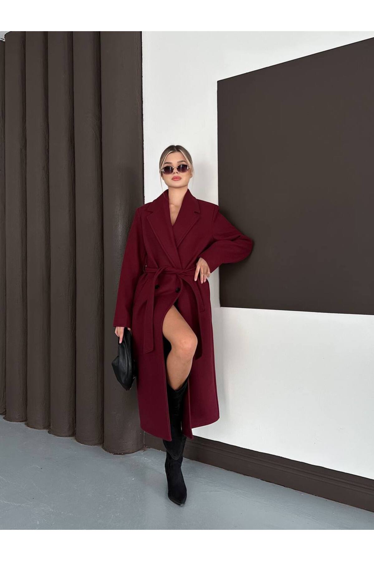 Manteau en cachemire femme bordeaux avec ceinture - Görsel 5