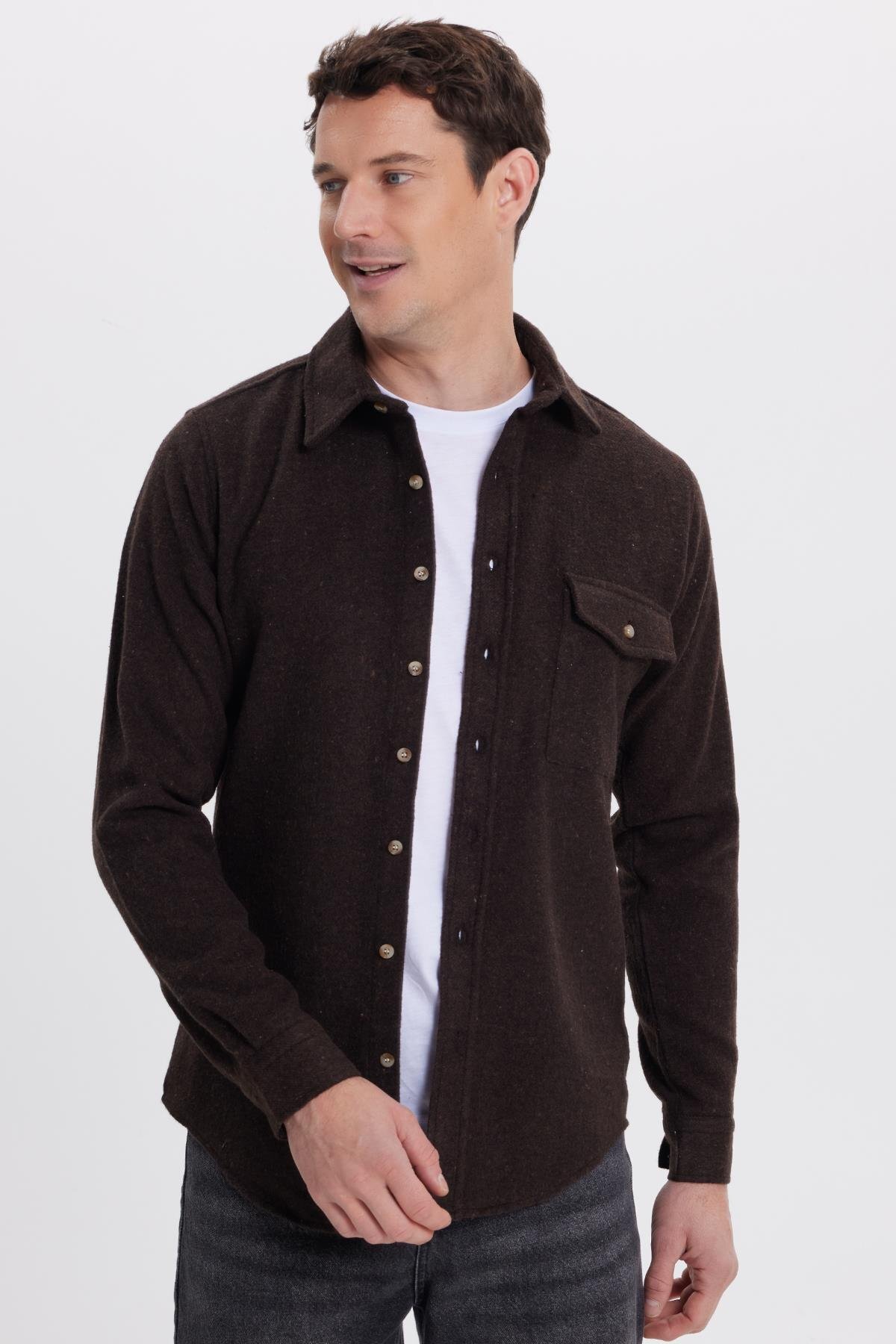 Tudors  Erkek Slim Fit Tek Cep Kapaklı Düz Oduncu Spor Koyu Kahve Gömlek - Görsel 6