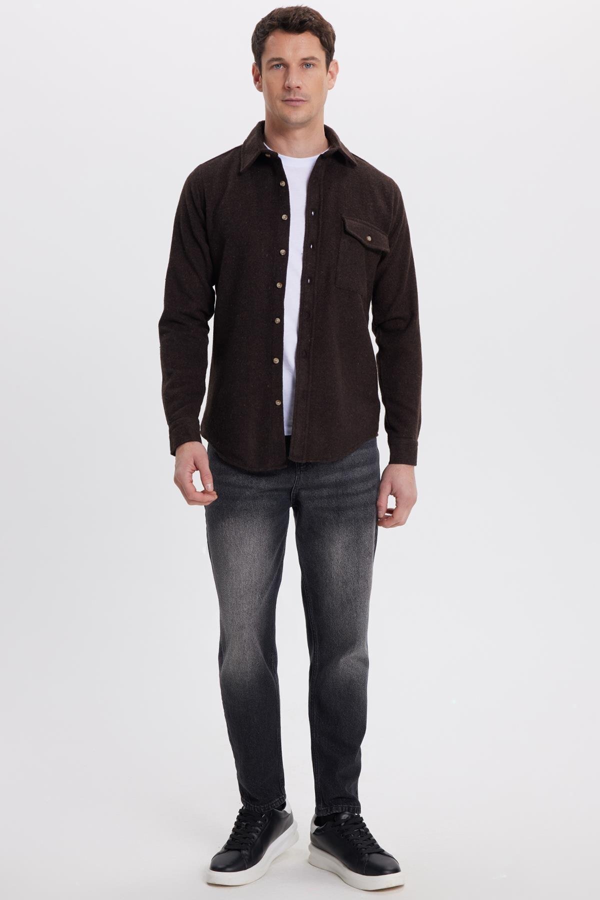 Tudors  Erkek Slim Fit Tek Cep Kapaklı Düz Oduncu Spor Koyu Kahve Gömlek - Görsel 5