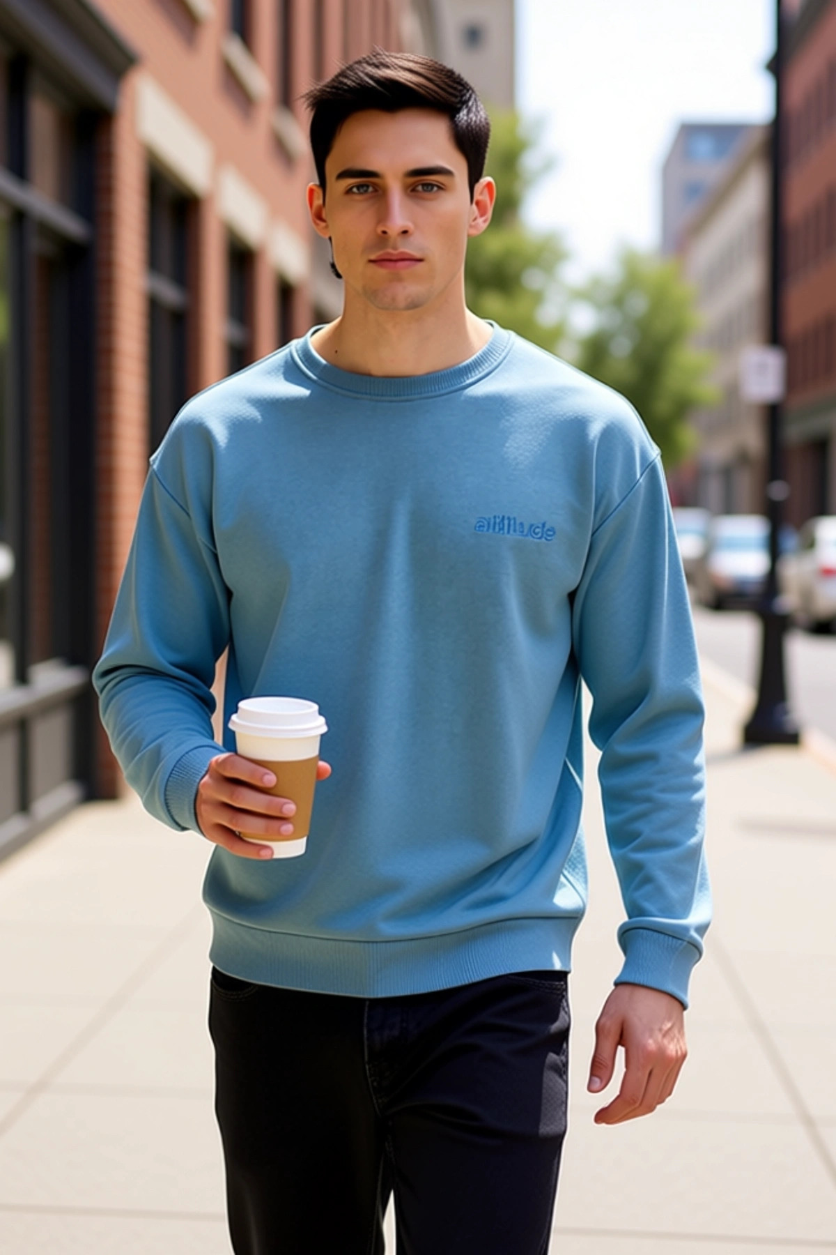 Erkek Bisiklet Yaka Düşük Kol Oversize Slogan Nakışlı Diagonal Sweatshirt Fonksiyonel Spor