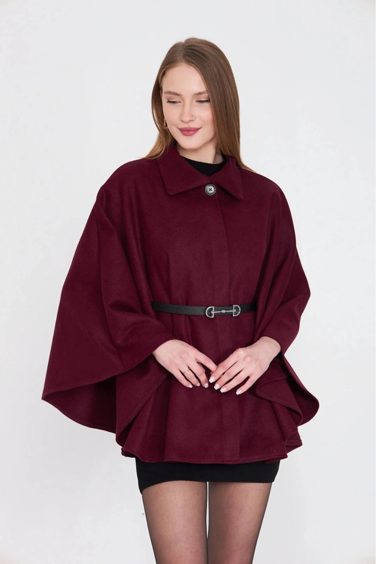 KAZAK  Kemerli kaşe panço bordo pt - Görsel 3