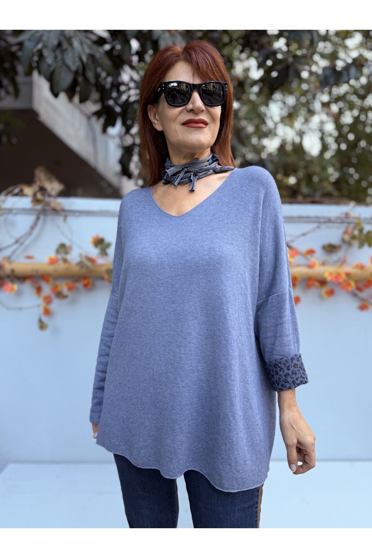 DenizEge İtalyan Triko V Yaka İçi Leopar Desen İndigo Mavi