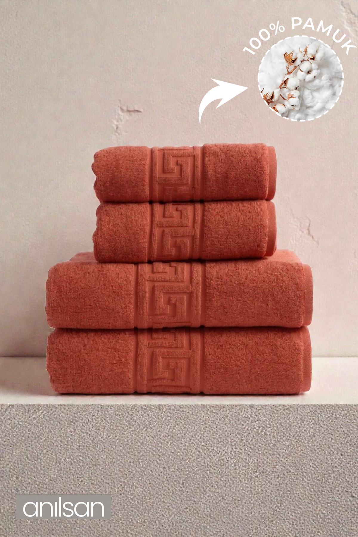 4-Piece Tile Greek Towel Set 100%Cotton - 2 Hand Towels 50x90 and 2 Bath Towels 70x140