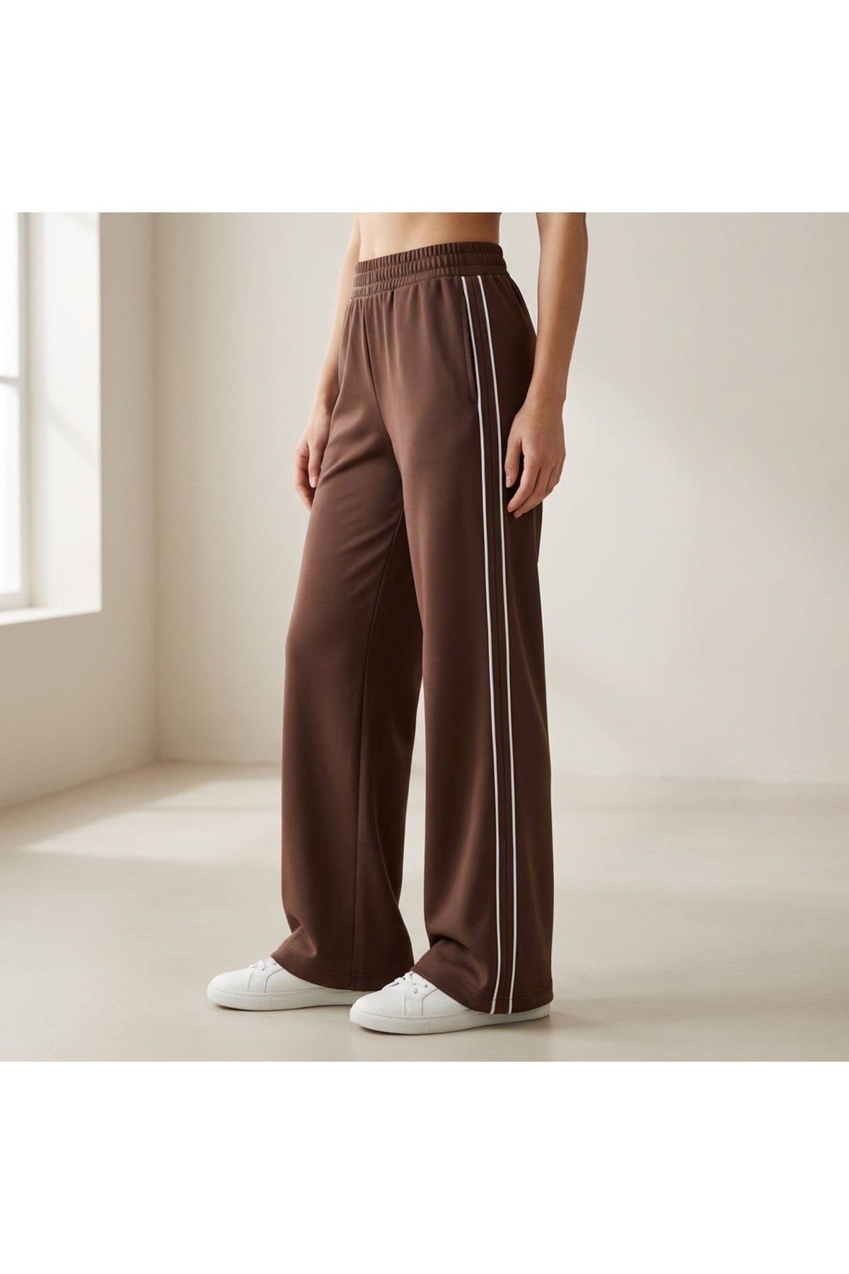 Grenj Fashion  Kahverengi Biyeli Wide Leg/Geniş Paça Örme Spor Eşofman Altı - Görsel 3