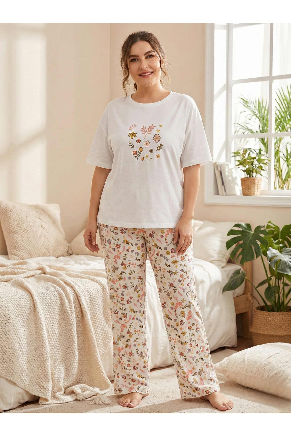 Penye Çiçek Baskılı Pijama Takımı – Esnek ve Nefes Alan Kumaş