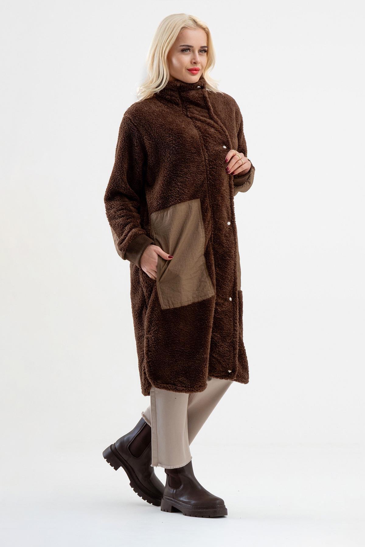 Bold & Young  Dik Yakalı Paraşüt Karışımlı Wellsoft Peluş Fermuarlı Çıtçıtlı Manto - Görsel 3