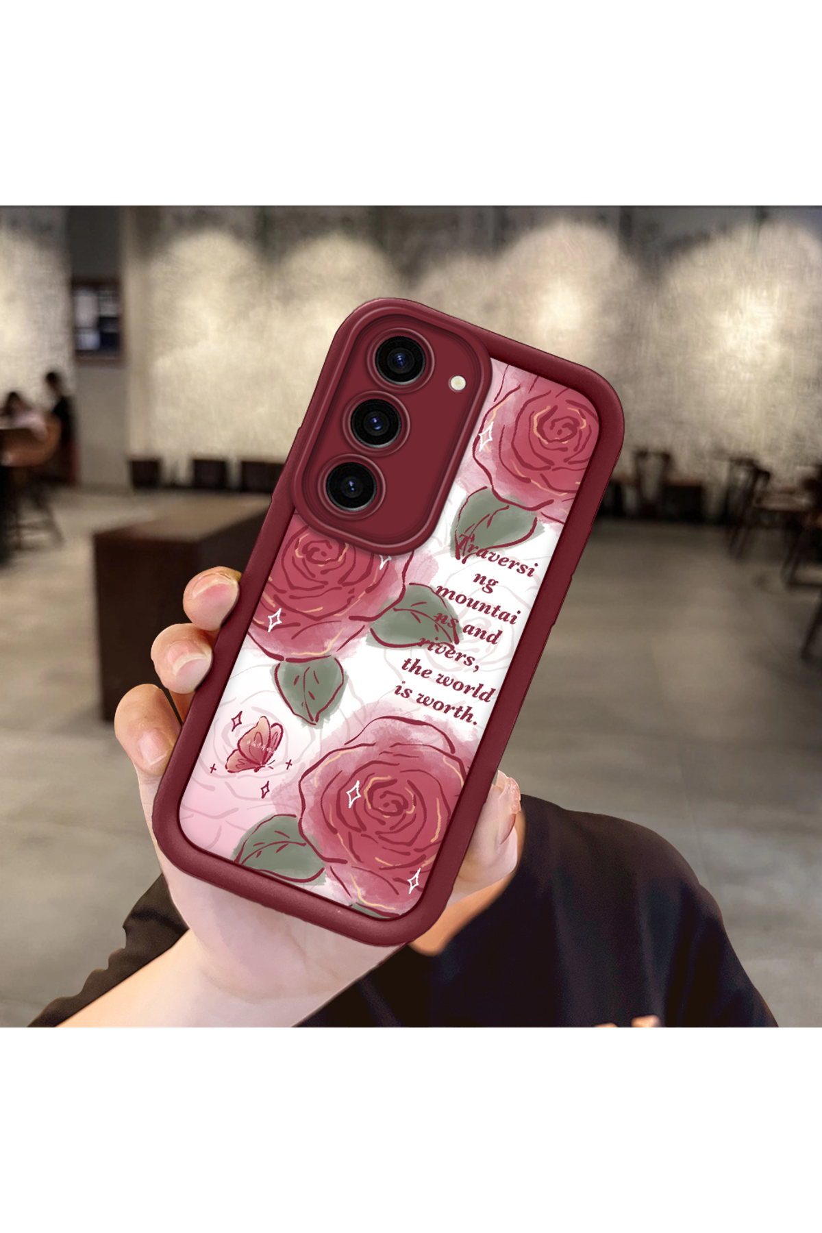 Samsung Galaxy S23 Compatible Lovely Rose Pattern Claret Red Silicone Impact Protection Case