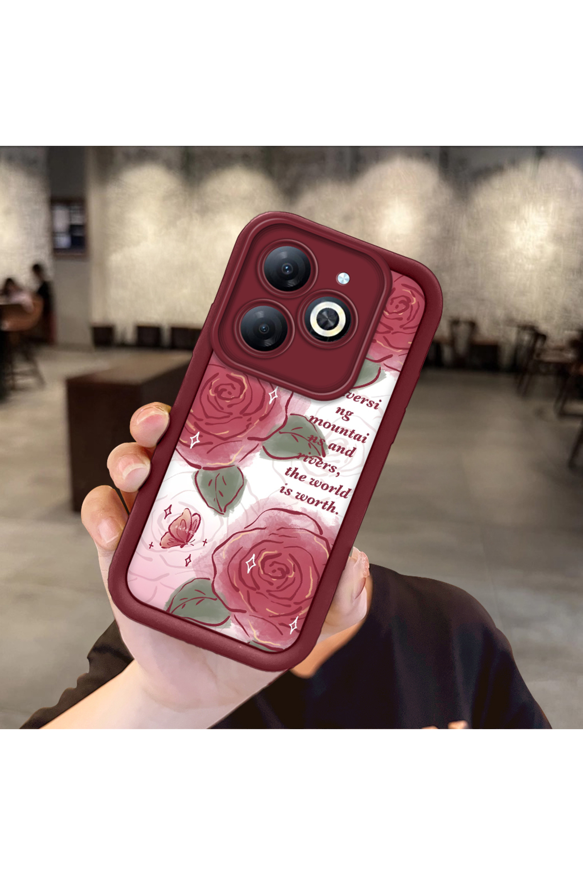 Tecno Spark 20/20C Compatible Beautiful Rose Pattern Claret Red Silicone Impact Protection Case