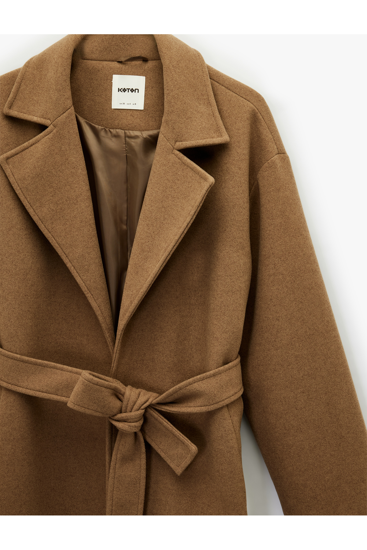 Koton  Kemerli Uzun Kaşe Kaban Cepli Uzun Kollu - Görsel 6