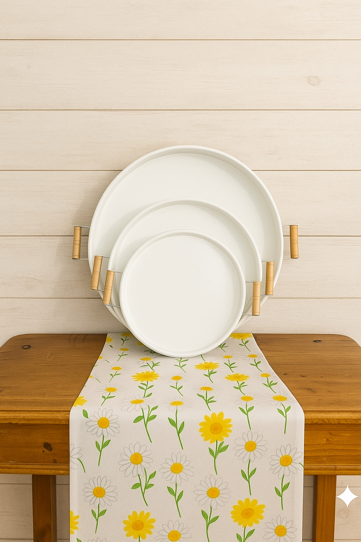 gülis 3 Lü (51, 37, 30 CM) Ahşap Kulplu Metal Tepsi Çay Tepsisi Kahve Tepsisi Sunum Tepsi Seti