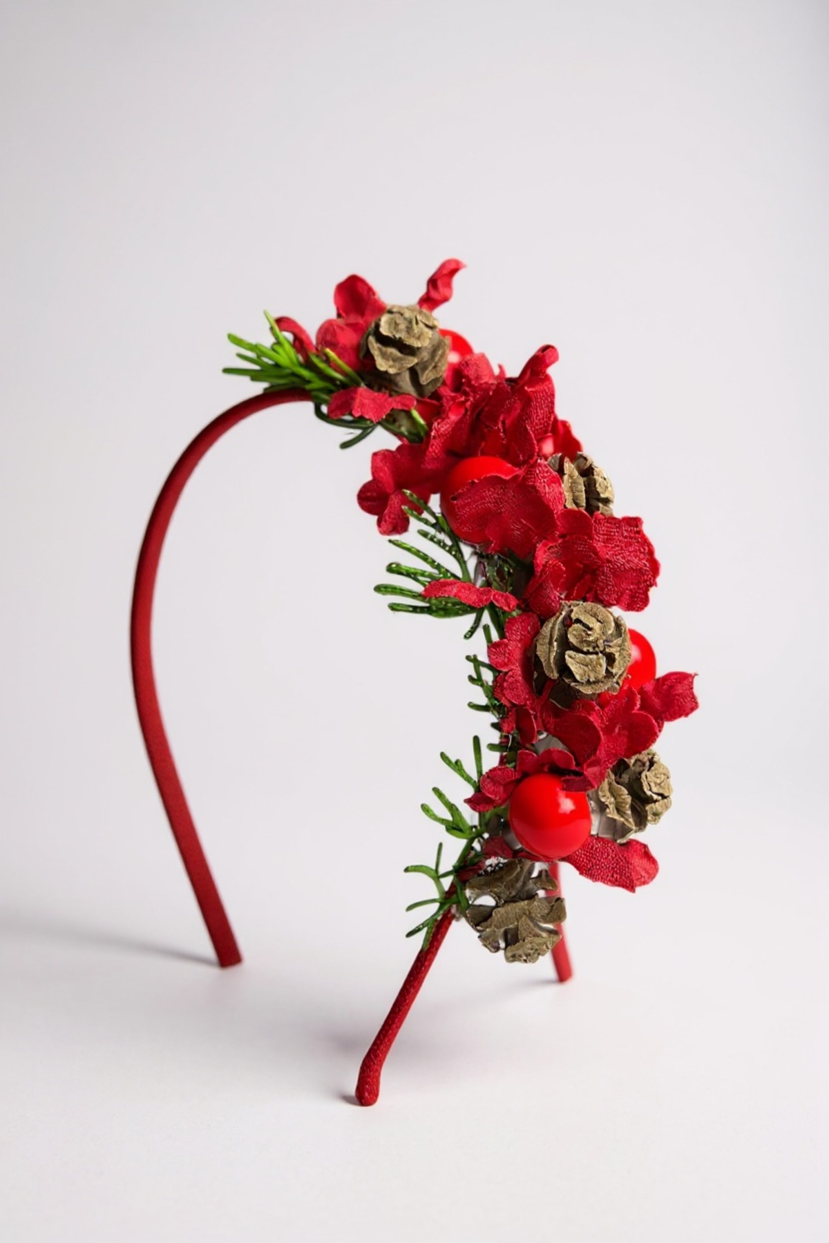 ERYA aksesuar Yılbaşı Kırmızı Çiçek & Kozalak Noel Tacı – El Yapımı Özel Tasarım