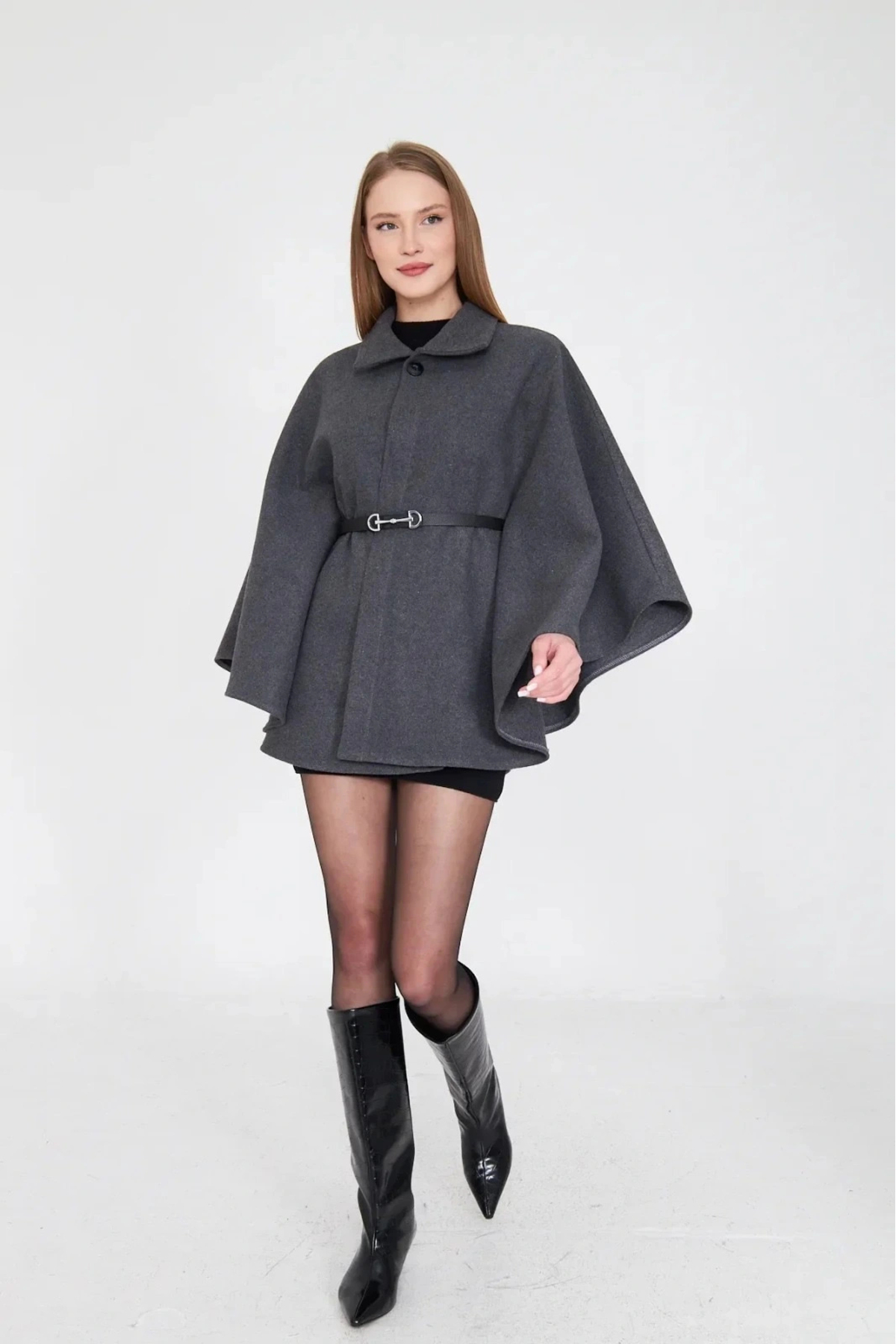 KAZAX  Kemerli kaşe panço antrasit pt - Görsel 2