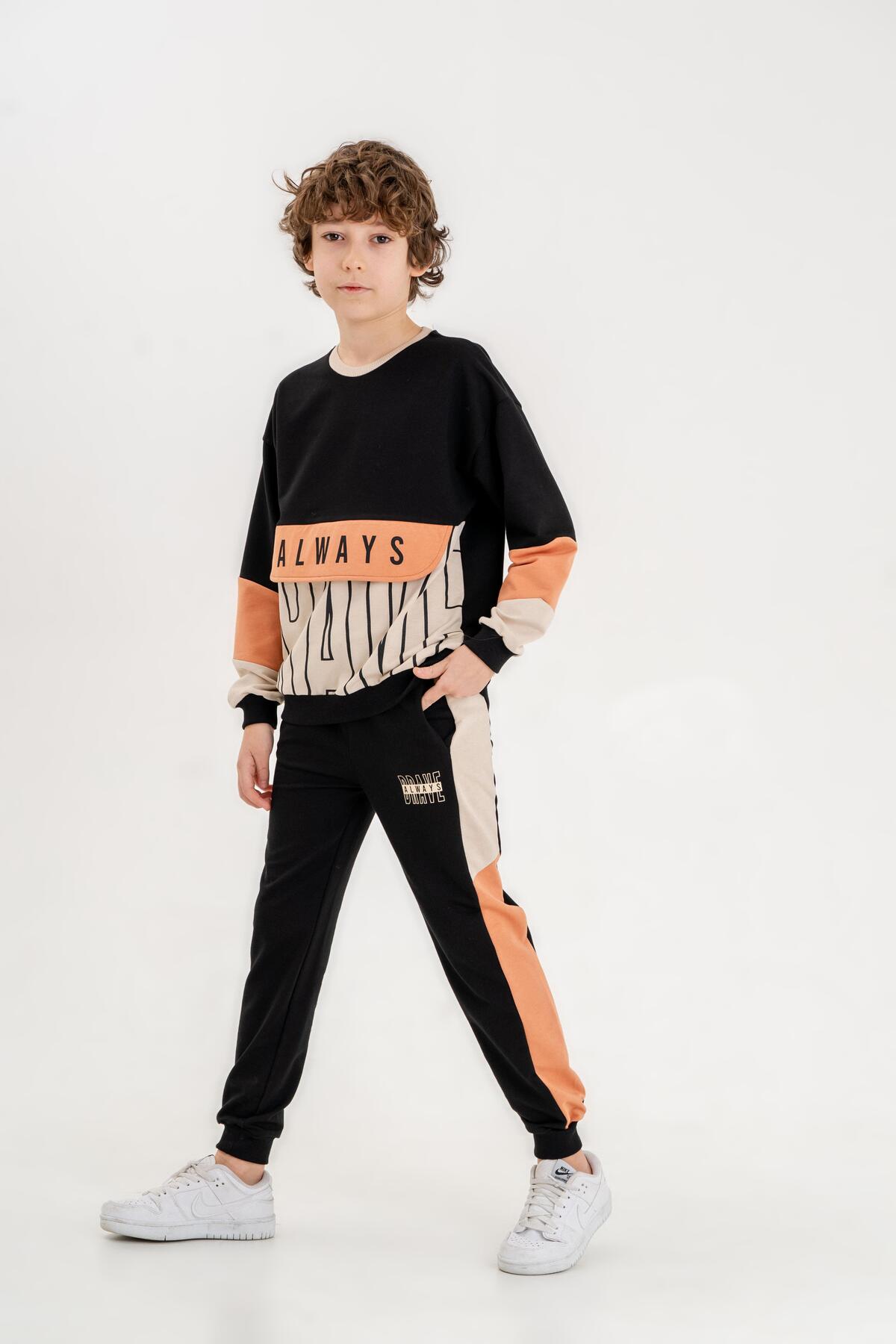 Always Brave Printed Kangaroo Pocket Detail Crew Neck Bottom Top Boys Tracksuit