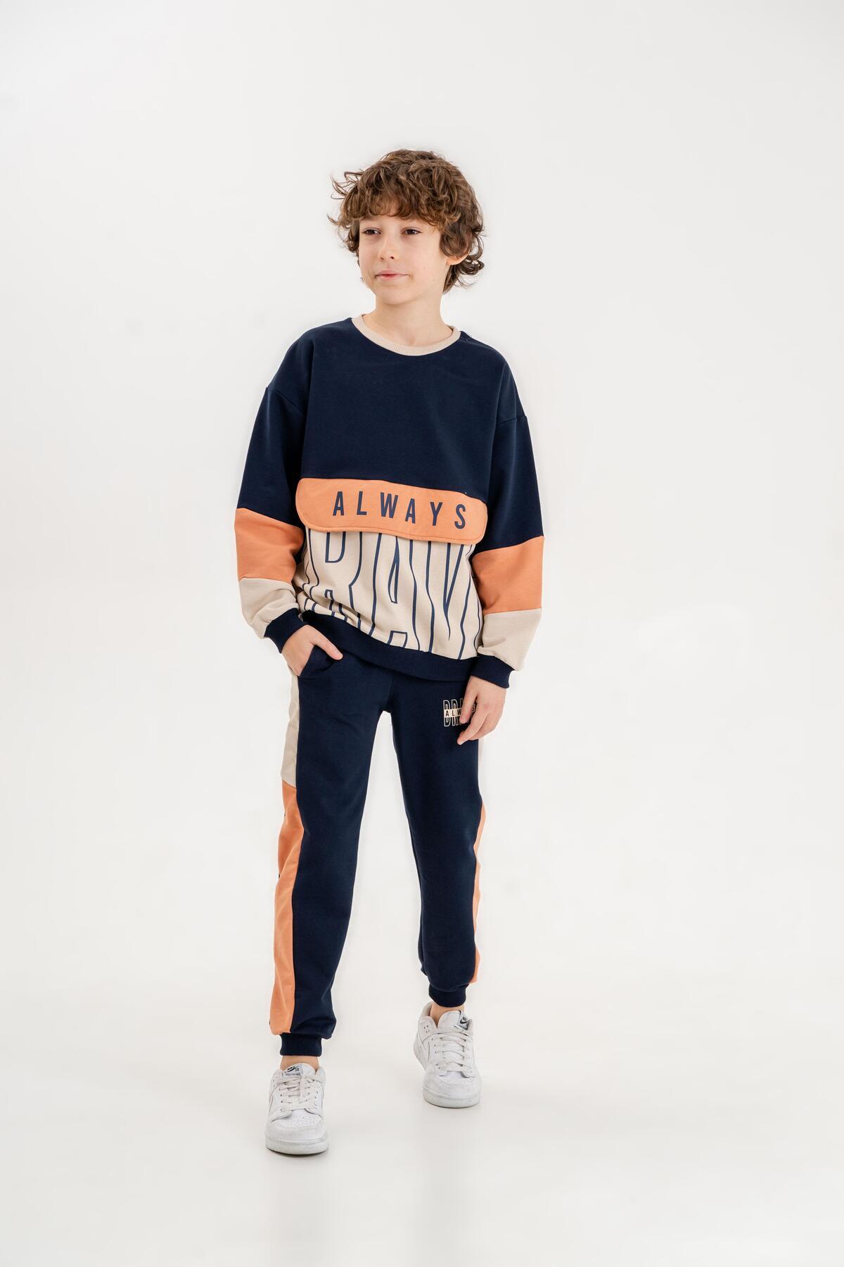 Always Brave Printed Kangaroo Pocket Detail Crew Neck Bottom Top Boys Tracksuit