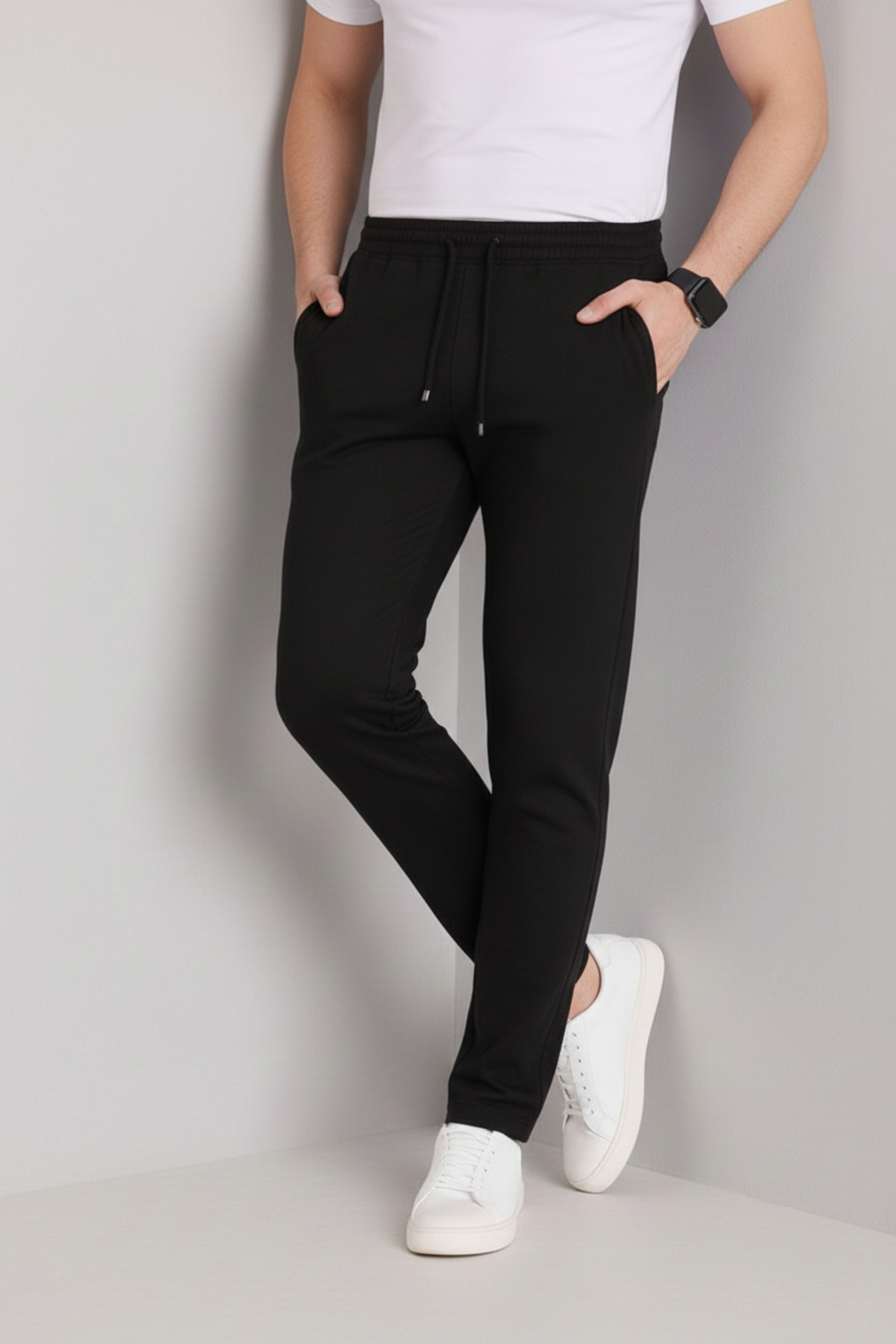 Erkek Siyah Beli Lastikli Bağcıklı Duble Paça Jogger Pantolon — مشکی BRKJGR1 — تصویر 3 از 6