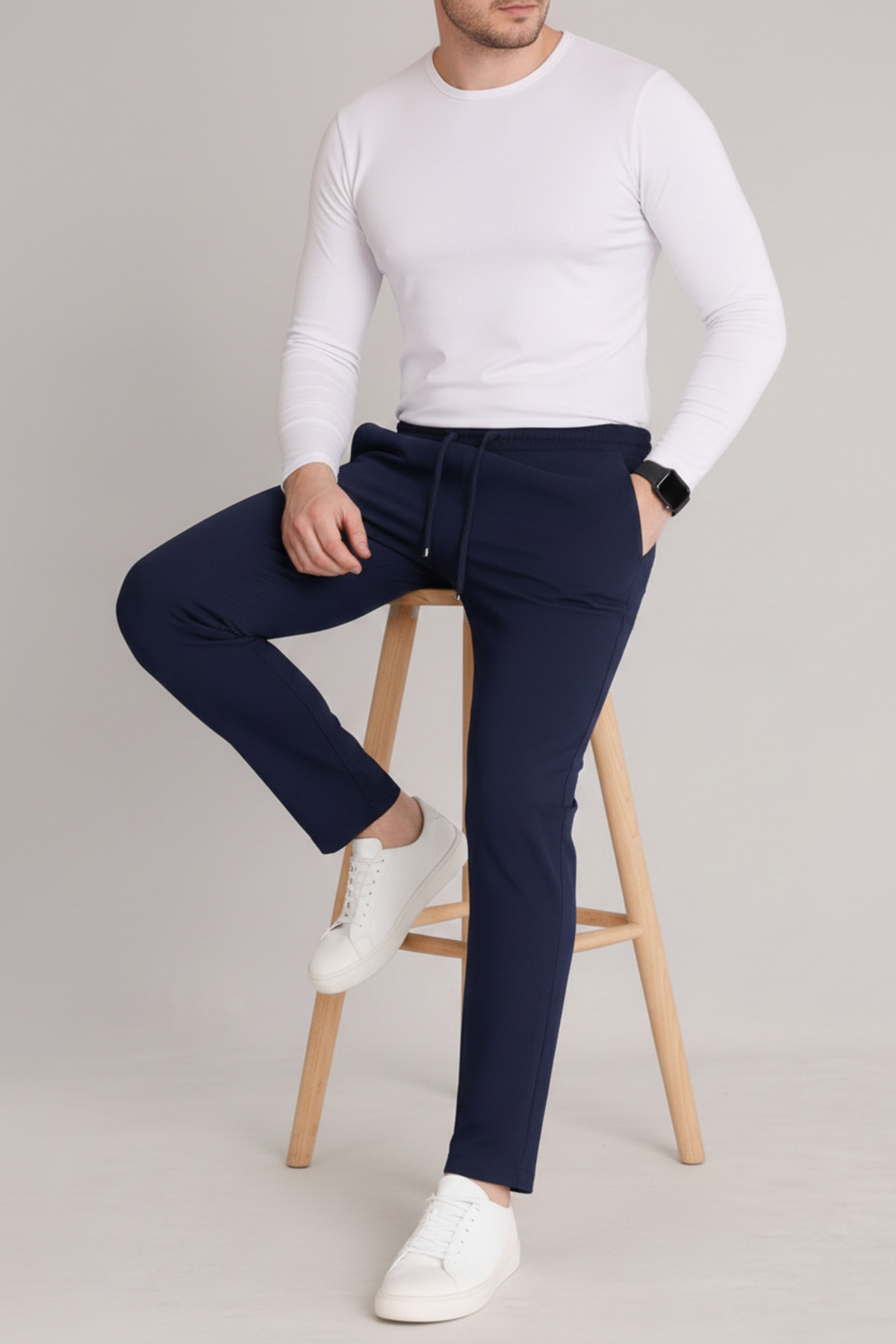 Erkek Lacivert Beli Lastikli Bağcıklı Duble Paça Jogger Pantolon — سرمه‌ای BRKJGR1 — تصویر 5 از 6