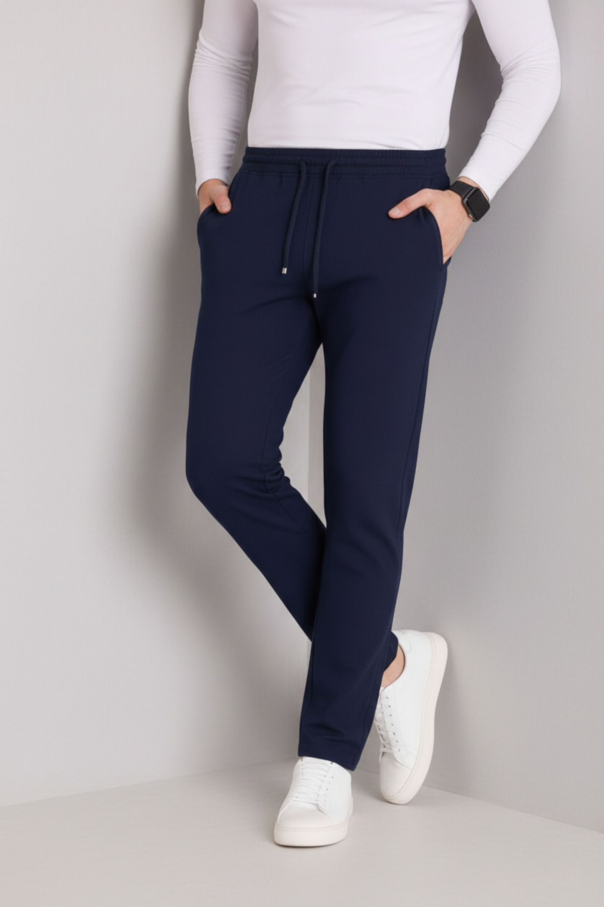Erkek Lacivert Beli Lastikli Bağcıklı Duble Paça Jogger Pantolon — سرمه‌ای BRKJGR1 — تصویر 3 از 6