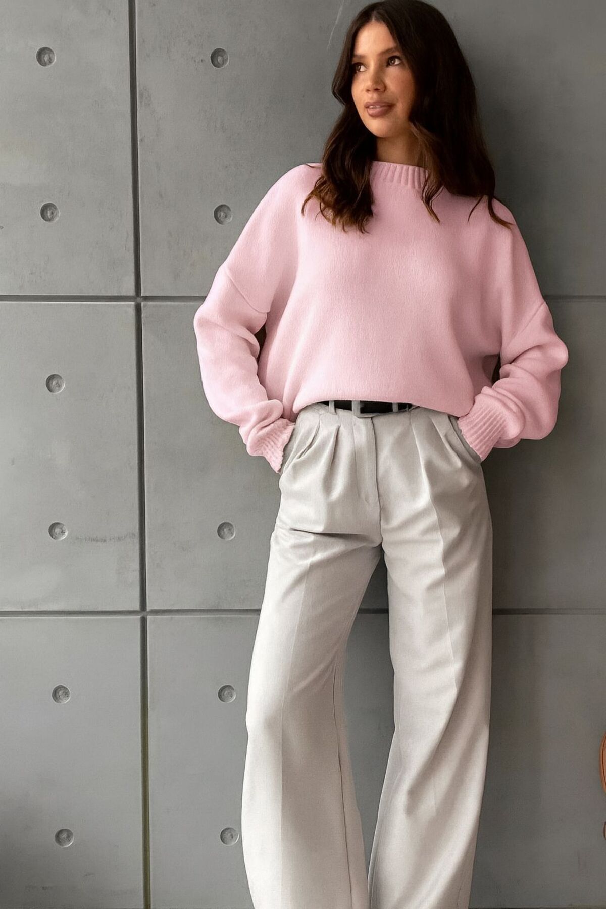 STF MODA Γυναικείο πλεκτό πουλόβερ ροζ Oversize - Crew λαιμόκοψη με απαλή υφή