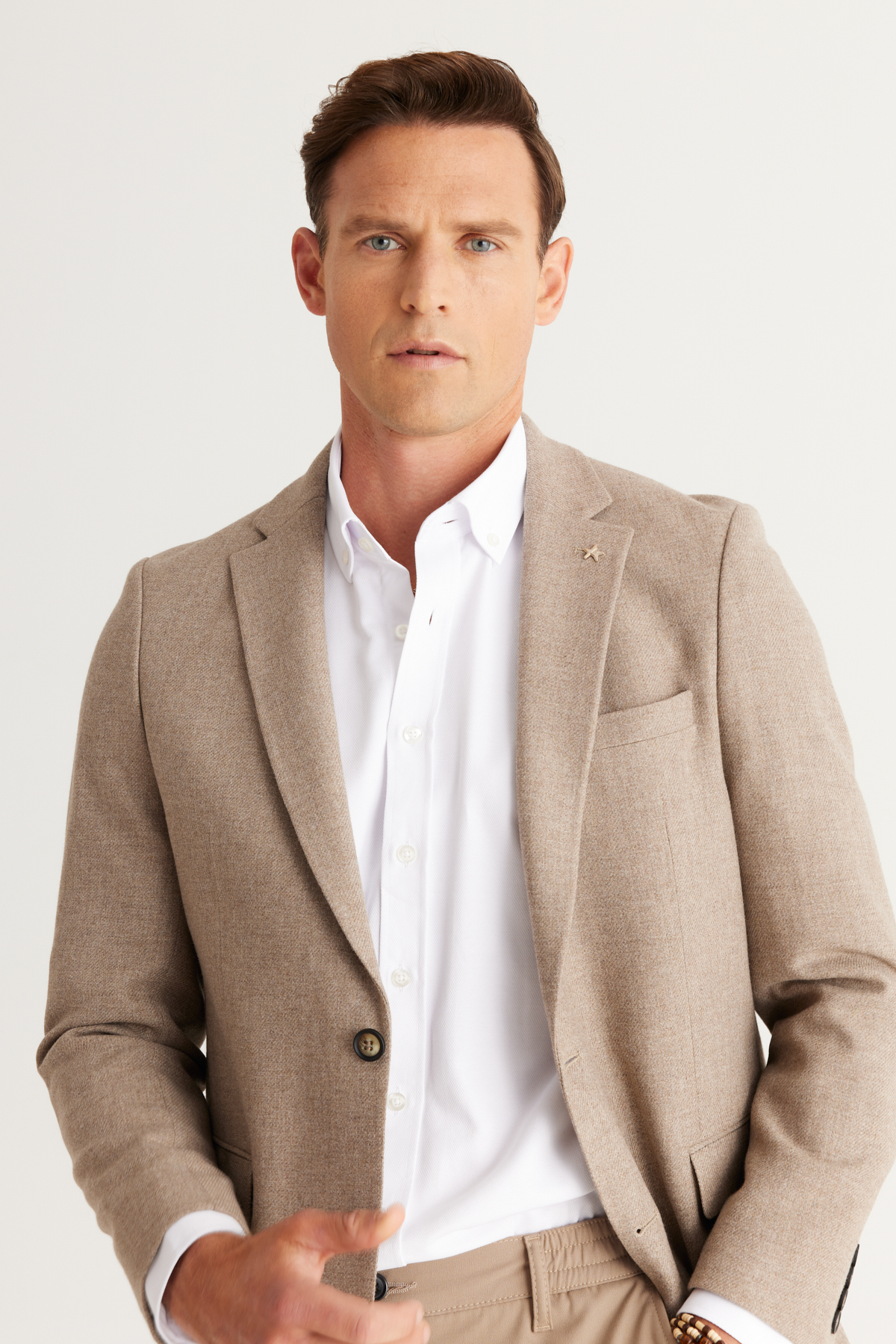 Altınyıldız Classics  Bej Regular Fit Geniş Kesim Mono Yaka Diagonal Desenli Yünlü Blazer Ceket - Görsel 2