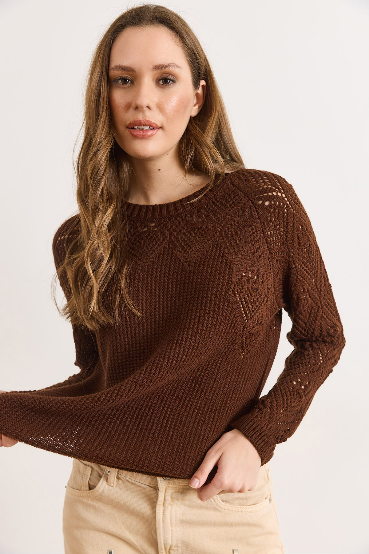 Women's Bitter Brown Knitwear Blouse with Opaque DetailBLZ-19003090