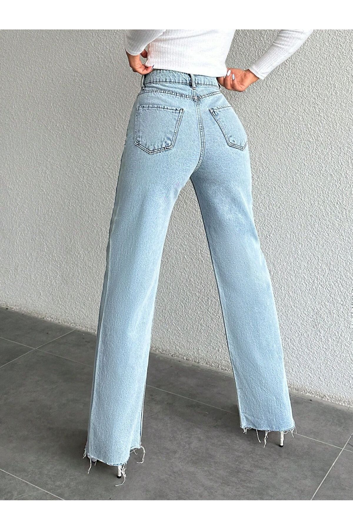 KENE JEANS Paça Kesik Yüksek Bel Buz Kar Boru Paça Kot Pantolon görsel 3