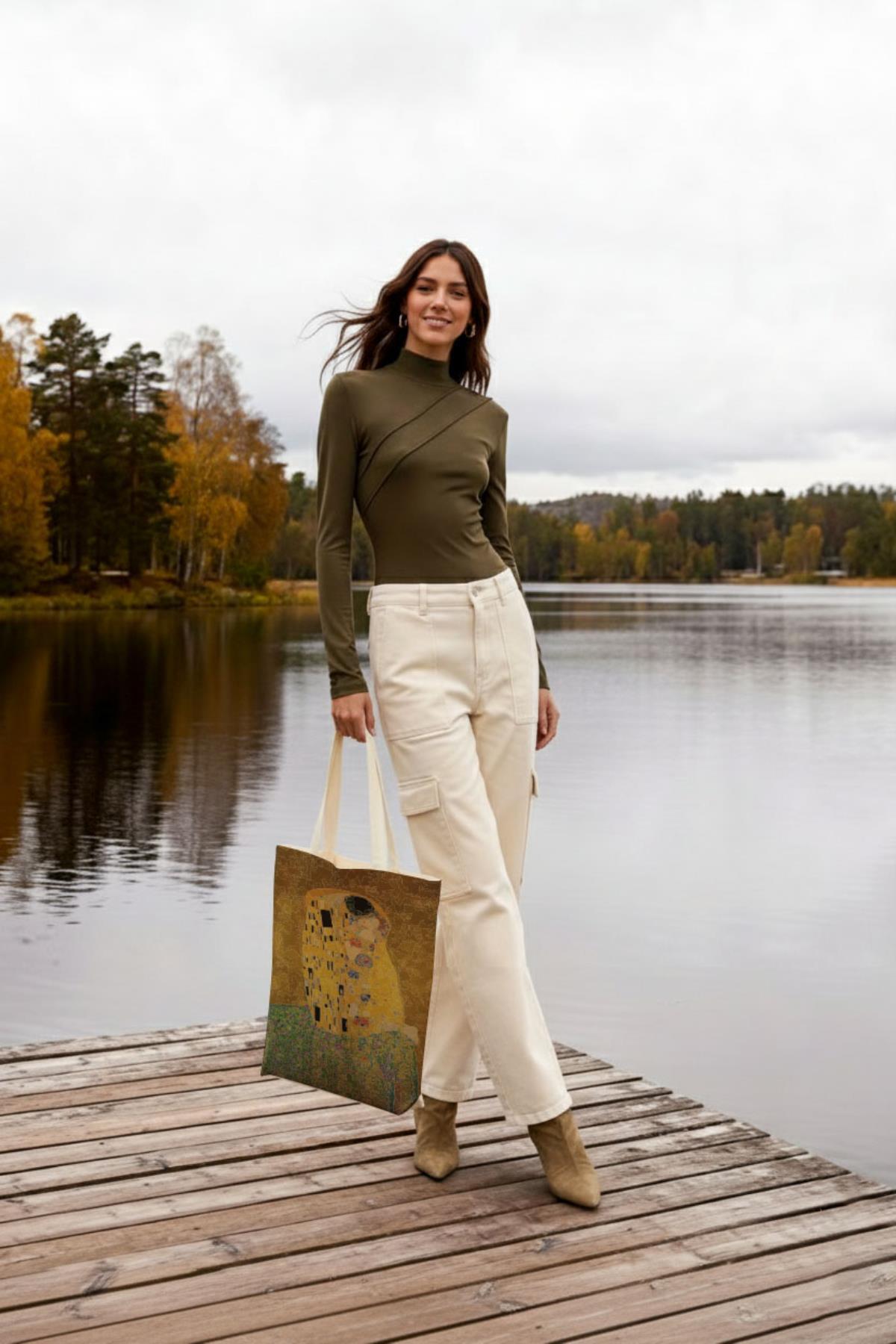 Bagg  Kanvas Klimt ÖpücükBaskılı Bez Çanta - Görsel 4