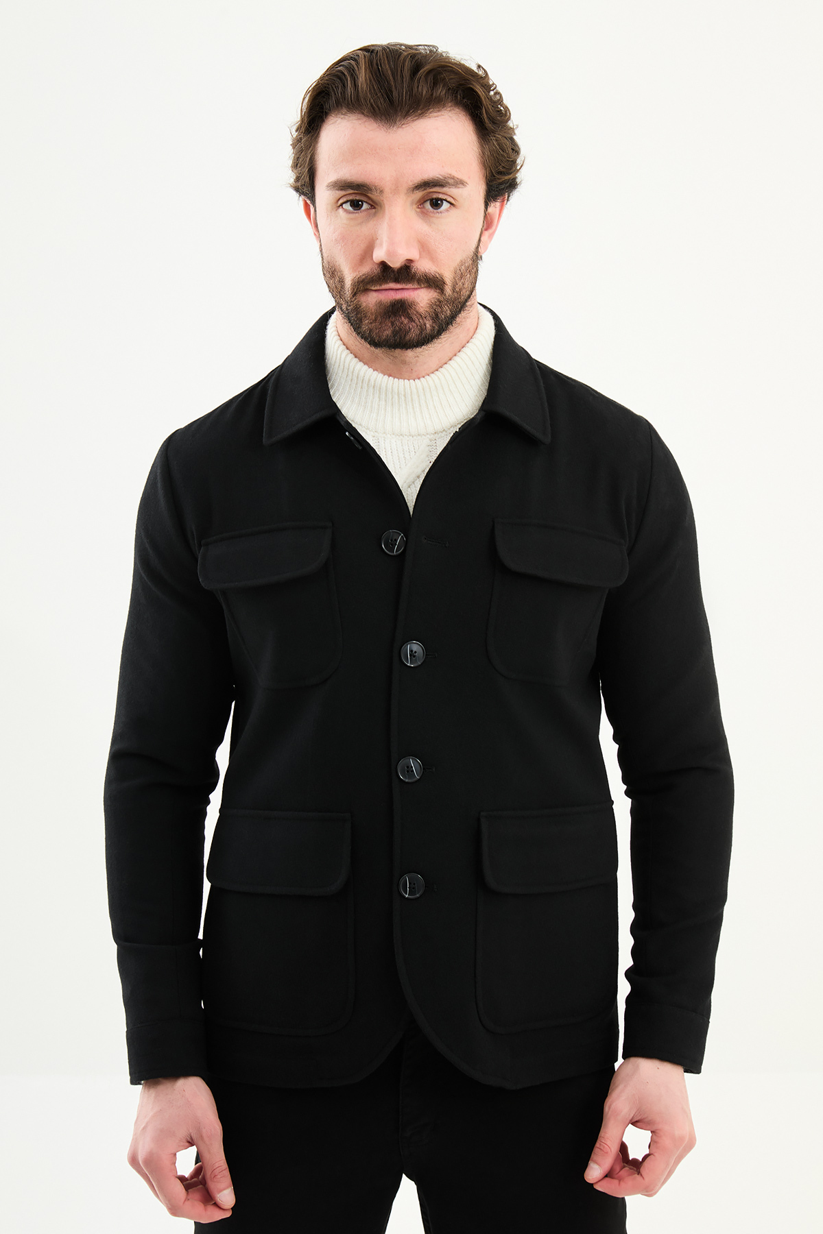 Kırçıllı Slim Fit Gömlek Yaka Düğmeli Kapak Cep Erkek Trenchcoat Siyah - 21337.25K — رنگارنگ