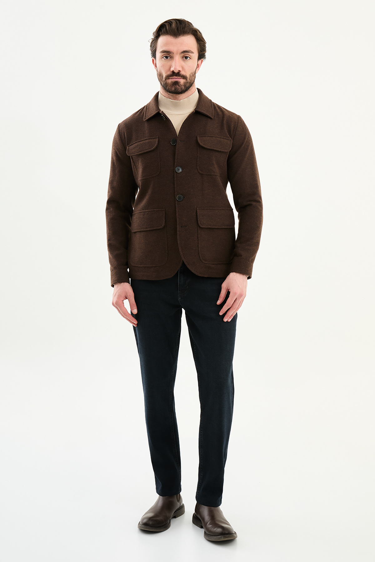 Kırçıllı Slim Fit Gömlek Yaka Düğmeli Kapak Cep Erkek Trenchcoat Kahve - 21337.25K — رنگارنگ — تصویر 3 از 6