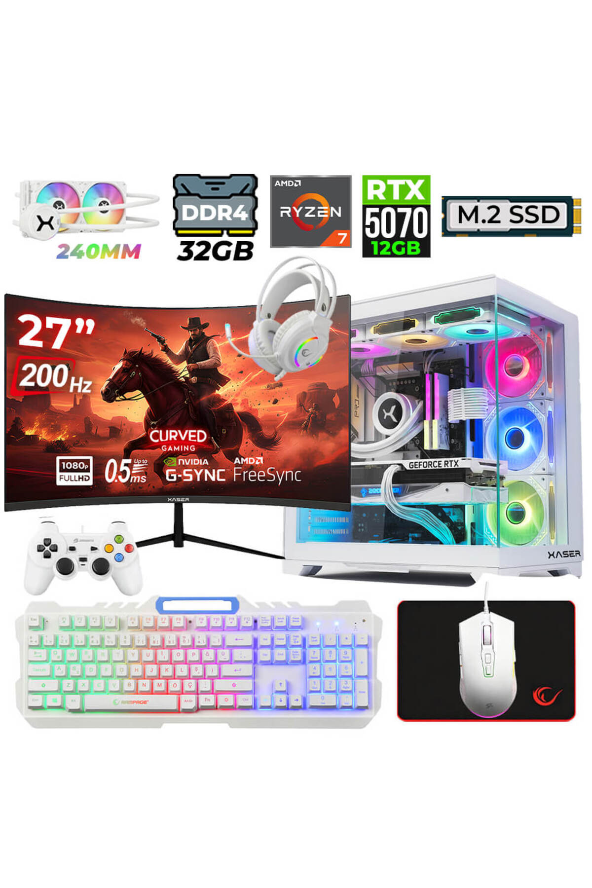 Xaser Helmet X65 Ryzen 7 5700X 32GB RAM 1TB M.2 NVMe SSD 12GB RTX5070 Sıvı Soğutmalı 27" 200Hz Oyunc