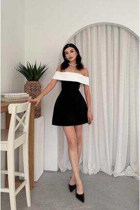 Anisa Diko Siyah Kayık Yaka Elbise