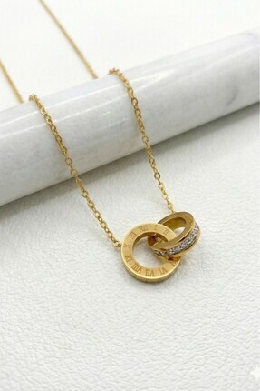 Lorivelle Gold Renk Roma Rakamlı ve Zirkon Taşlı İç İçe Geçmeli Çelik Kolye -...