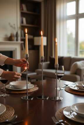 luss collection 3 Lü Gümüş Rengi Dekoratif Şamdan Set