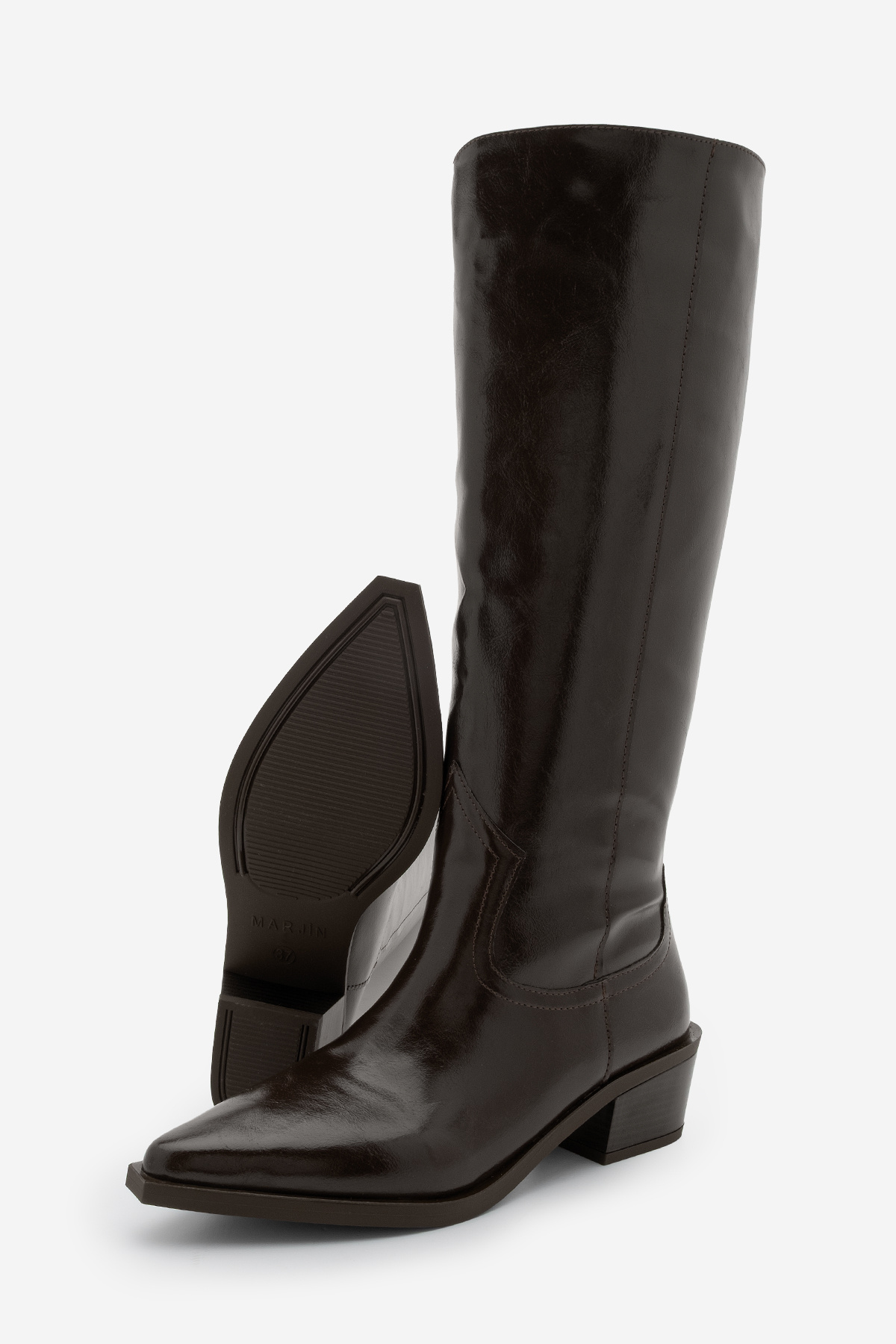 Marjin  Kadın Sivri Burun Kovboy Körüklü Fermuarsız Western Çizme Mivez Kahve - Görsel 8